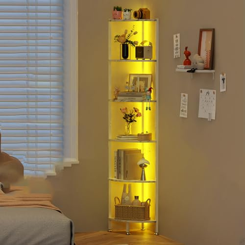 Estante esquinero de 6 Niveles, Estanteria Libros de 6 Niveles con Luz LED, Estanteria de Almacenamiento, Estantería para Plantas, para Sala de Estar, Dormitorio, Oficina 43x30x172cm (6 Niveles)