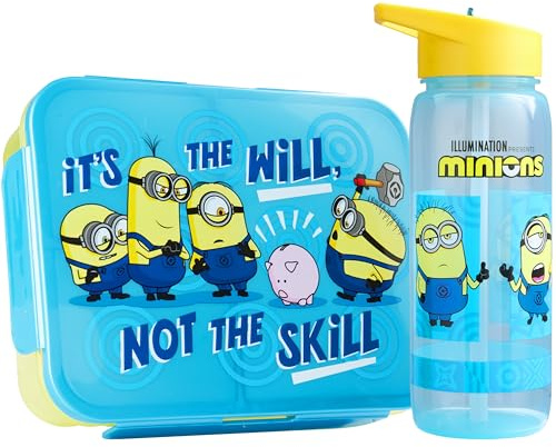 Get Trend Minion Lunchlåda för barn, pojke och Air Up Set, 1,75 l diskmaskin och mikrovågsugn säker Bento lunchlåda fack och 640 ml BPA-fri flaska med sugrör