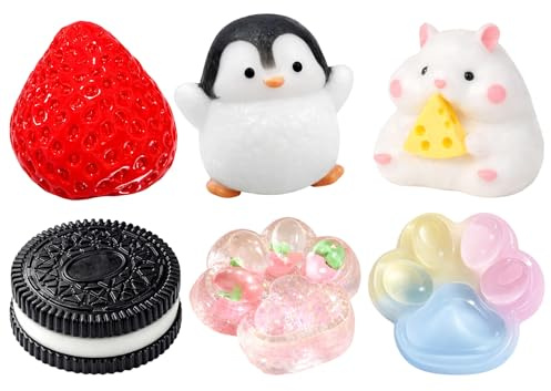 Taba Squishy, Squishy, Anti Stress Spielzeug Set mit sechs niedlichen Formen, Stressabbau Spielzeug für Büro und Alltag, Squishy Set mit Erdbeere, Pinguin, Katzenpfote und weiteren Motiven