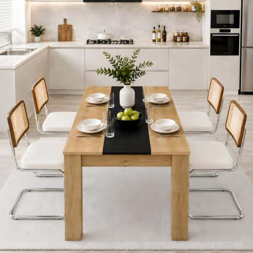 GOKHOMX Essgruppe 5-teilig, Esstisch 110 × 70 cm, Samt Cremeweiß | 1 Tisch + 4 Freischwinger, Eiche-Optik/Schwarz, Geflecht-Rückenlehne, cremeweißer Samt, kompakt für 4 Personen