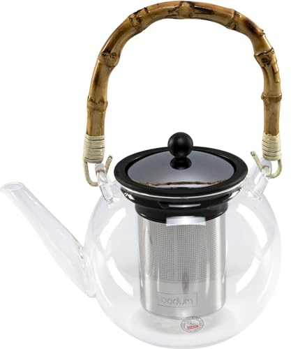 Bodum 11806-139 Assam Teebereiter mit Edelstahlfilter und Henkel, Glas, Bambus/Transparent Edelstahl, 1 L, 14.8 x 19.1 x 24.5 cm, 1 Einheiten