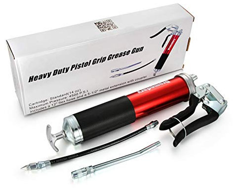 Twilight Garage 4500 PSI Anodized Pistol Grip Heavy Duty Grease Gun 400cc Standard 14oz Cartridges with 12 inch Flex Hose & 5-1/2 Metal Extension
