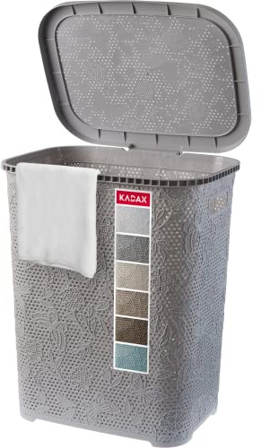 KADAX Wäschekorb, Wäschetruhe mit Deckel aus Kunststoff, Wäschesammler, Wäschesortierer für Bad, Kleidung, Spielzeug, Verzierungen, durchbrochenes Muster, 55l, leicht (grau)
