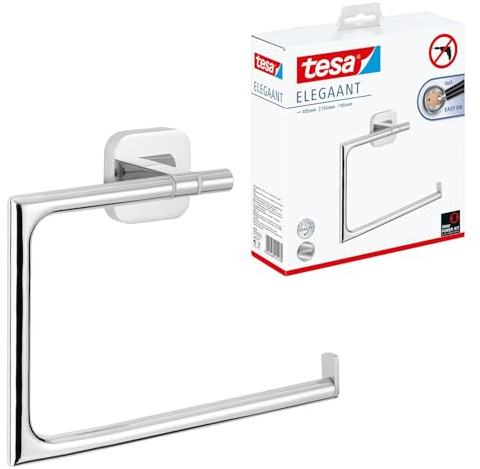 tesa ELEGAANT Handtuchring, verchromt - Handtuchhalter-Ring eckig - zur Wandbefestigung ohne Bohren, inkl. Klebelösung - 185mm x 154mm x 45mm