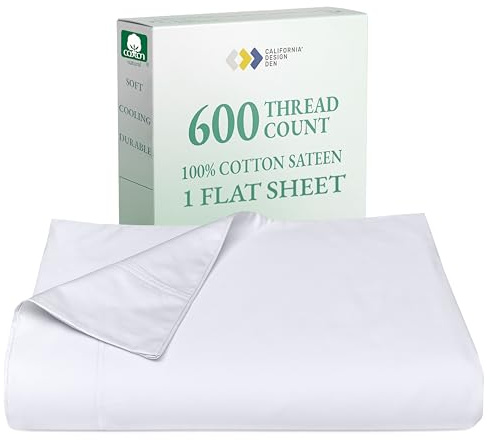 California Design Den Queen Size Flat Sheet Only - 100% Cotton, 600 Thread Count, 1 Piece Top Sheet, Extra Soft Bed Sheet, Breathable Sateen, Premium - Bright White