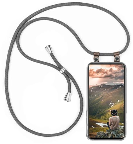 moex Handykette für Samsung Galaxy A51 Hülle mit Band abnehmbar, Handyhülle mit Kette zum Umhängen, Handyband 155 cm lang Stoff Kordel Umhängehülle, Handy Umhängeband, Grau