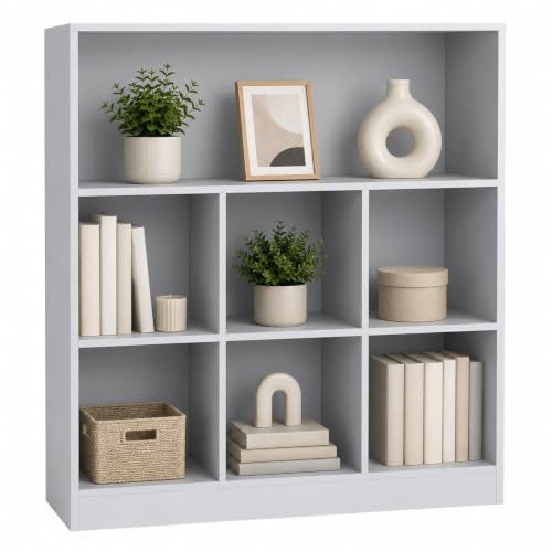 URBNLIVING Wide Wooden 7 Cube Bookcase Storage Unit (Grey, Wide)