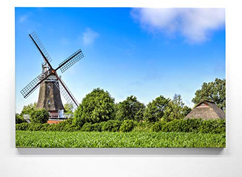 BilderKing Atemberaubendes Nordsee Leinwand-Bild 90x60cm, Motiv Windmühle auf Föhr. Ein einzigartiges Wandbild als Deko für Wohnzimmer, Schlafzimmer, Küche. Aufgespannt auf Holzrahmen