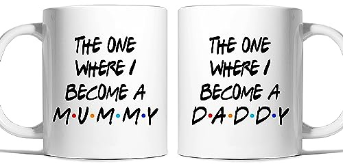 Risk-A Designs 'The One Where I Become a Mummy/Daddy' Customisable Listing Mug Set for New Expecting Parents (Mummy & Daddy Mug Set)
