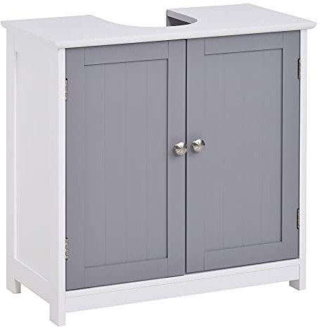kleankin Mobile Sottolavabo per Bagno Moderno 60x30x60 cm Bianco e Grigio | Ripiano Regolabile, Mobiletto Sottolavabo con Intaglio a U, Mobile Bagno Salvaspazio, Adatto a Lavabi a o senza Colonna