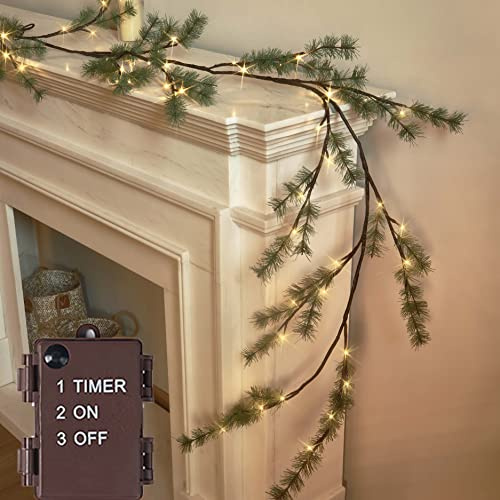 Hairui beleuchtete Kiefer Girlande Batterie betrieben mit Timer 6FT 48 Lichtern, Weihnachtsgirlande mit Lichtern für Indoor Outdoor Home Holiday Dekoration