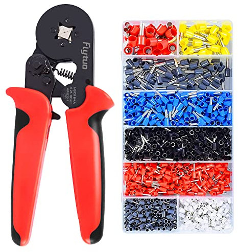 Flytuo Ferrule Crimping Tool Kit with 1200PCS Connectors, 0.25-10mm²(AWG 23-7) Self-Adjustable Ratchet Wire Crimper HSC8 6-4A, 8 Types of Terminals, Electrical Wire Cable Lug Crimp Plier Kit