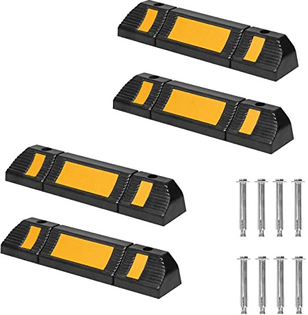 Aufun Butées de Roues pour Parking et Garage Butée De Roue De Stationnement en Caoutchouc Guidage avec Jaune Réfectif Rayures Roue Arrêtez Bouchons pour Voiture Camion VR Remorque Garage 4 Pack