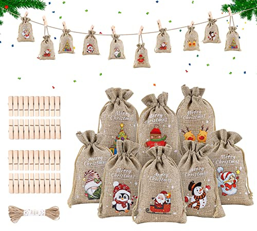 ilauke 36 Stück Jutebeutel Weihnachten 10 x 15cm,Jutesack Klein Nikolaussack Stoffsäckchen mit Zugband mit 10m Hanfseil und 40 Holzklammern für Weihnachtskalender Adventskalender DIY Partygeschenke