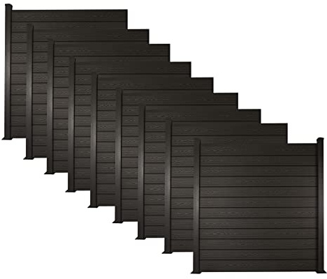 Ventanara® WPC Zaun Sichtschutzzaun Steckzaun Gartensichtschutz Komplettset 188x190 inkl Aluminiumpfosten anthrazit (anthrazit, 9X Element + 10x Pfosten inkl. Aufschraubhülse)