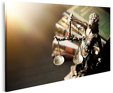 islandburner Bild auf Leinwand Lady Justice Statue der Gerechtigkeit in der Bibliothek Wandbild Leinwandbild Bilder für Wohnzimmer GBJY-1K