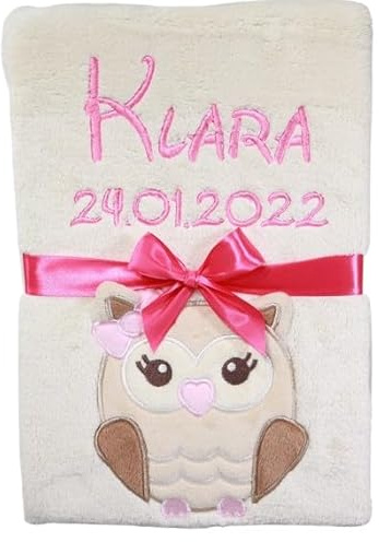 BotoBaby Kuschlige Babydecke mit Namen & Geburtsdatum – Beige Decke mit Eulen-Applikation – Personalisiertes Geschenk zur Geburt, Taufe & Babyshower, 75x100 cm, Öko-Tex (Beige - Eule)