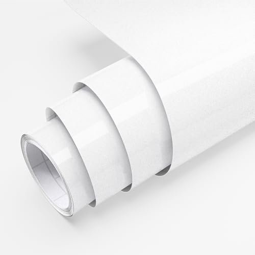 Hode Papier Adhesif pour Meuble Blanc Brillant 40X600cm, Papier Peint Adhesif, Imperméable Vinyle Autocollants Meubles Cuisine Murs Tables Salles de bain Armoires Comptoirs