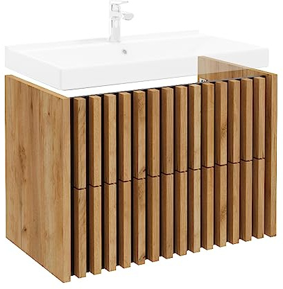 Lomadox Waschtischunterschrank für Waschtische Waschbeckenschrank 80 cm Eiche Rillenoptik mit schwarz, 2 Softclose-Schubkästen, B/H/T: 80/56/45 cm