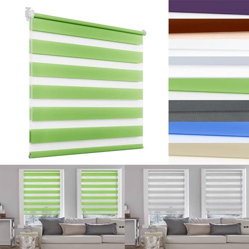 Doppelrollo ohne Bohren 35 x 130 cm Sonnen-, Sicht- & Schallschutz Fensterrollos Jalousetten Einfache Montage mit Klemmträger für Fenster & Balkontür, Grün