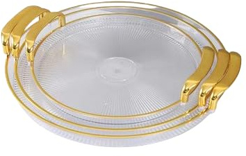 Mr. Gadget's Solutions Set of 3 Golden Rim & Handle Plastic Round Tray for Living Room, Party, Kitchen, Decor, Dessert Table, Cupcake Display