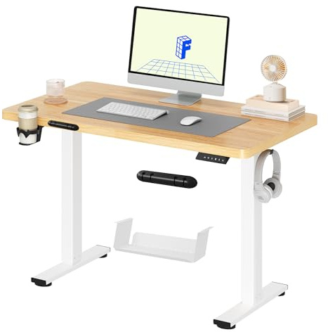 FLEXISPOT Bureau Assis Debout Électrique - Bureau Debout Réglable en Hauteur avec Porte-gobelets et Crochets, Panneau Clavier Contrôle à Fonctions Mémoires 110x54 cm(Cadre Blanc+Plateau Érable)