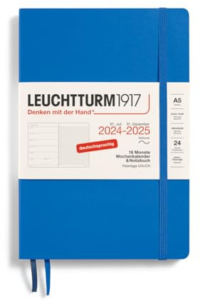LEUCHTTURM1917 370624 Wochenkalender & Notizbuch Softcover Medium (A5) 2025, 18 Monate, Sky, Deutsch