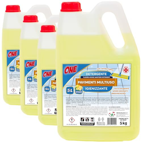 ONE - 20 Litri di DETERSIVO PAVIMENTI MULTIUSO al profumo di Limone (Pacco con 4 x taniche da 5 lt ciascuna) - Con Antibatterico Igienizzante. Pulito Splendente. Azione Sgrassante. Senza Risciaquo