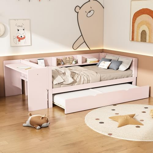 NNJN 90 * 200cm, Kinderbett, Flachbett mit ausziehbarem Bett und Schreibtisch, DREI Regale an der Seite des Bettes (Rosa)（Ohne Matratze）