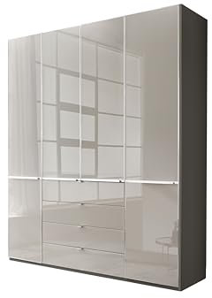 WIEMANN Drehtürenschrank mit 4 Schubkästen hochwertiger Kleiderschrank Schlafzimmerschrank 200cm breit, mit Schubladen, Glas Kieselgrau, Korpus Havanna, Höhe 216cm, Shanghai