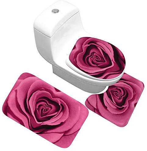 Bad Teppiche Set 3-Teiliges Rosa Herzblume WC Vorleger Mit Ausschnitt Badematte Saugfähig WC Deckelbezug Badvorleger rutschfest Waschbar Toilettensitzbezug Badgarnitur (45x75cm)