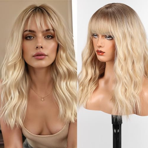 WOKESTAR Long Wig with Fringe Synthetic Wavy Wigs for Women Blonde with Highlights Color