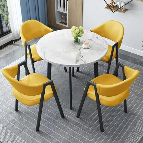 Snaweo Büro-Konferenz-Empfangstisch, Tisch-Stuhl-Kombination für Den Empfang, Runder Esstisch Set, Empfangstische und Stühle, 80 cm Runder Tisch und 4 Stühle Aus PU-Leder(Giallo)