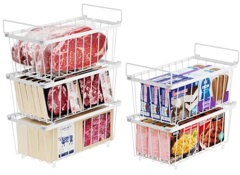 iSPECLE Chest Freezer Baskets, 5 Pack Stackable Metal Freezer Storage for 198L Deep Freezers, Easy Access Handles for Organising Small Frozen Items, WireMetal for Cold Air Circulates, White