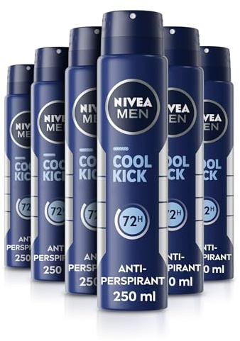 NIVEA MEN Cool Kick Spray Anti-Perspirant (250ml, Pack of 6), Deodorant Spray for 72H Protection, Men's Sweat Block Aerosol with Cool-Care Formula