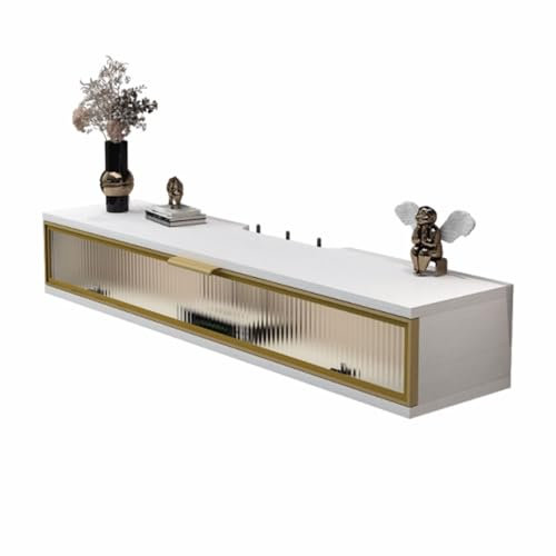 TV Schrank Hängend Schwebendes TV-Ständer-Regal mit Tür, wandmontierte Aufbewahrungsbox for TV-WiFi-Router-Steckdose, Medienkonsole, Unterhaltungszentrum unter dem TV, schwimmendes Schrank-Aufbewahrun