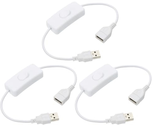 sourcing map Lot de 3 câbles d'extension USB avec interrupteur à bascule ON/OFF 0,28 m USB mâle vers femelle pour lampe de bureau, ventilateur, bande lumineuse LED, blanc