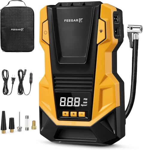 Feegar Kompressor Auto 12 V DC/230 V AC dubbla strömkällor, metallcylinder, högt tryck upp till 10,3 bar, max. Luftflöde på 36 l/min, multifunktionell luftkompressor för cykel, bil, gummibåtar,