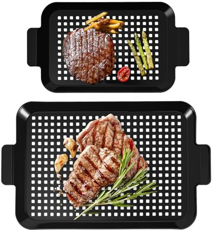 2Pcs Grill Topper Pans,Nonstick Grilling Tray with Handles,Metal Grilling Baskets with Perforated Bottom,Thicken Grill Pan for Outdoor,BBQ accessories for Vegetable, Fish, Meat, Seafood
