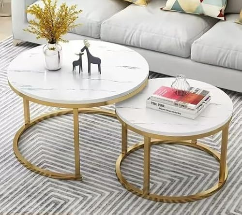 OHMG Set aus 2 runden Satztischen, Couchtische, 70/50cm, runder Beistelltisch, modernes Design, Wohnzimmertisch aus Marmor, mit Stahlfuß (Weiß+Gold-70 * 70 * 45cm)