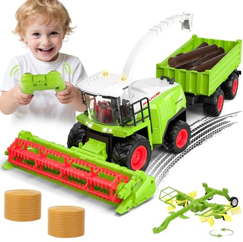 Orvyna Trattore Telecomandato Mietitrebbia Giocattolo per Bambini, Grande con Rimorchio, Luce e Suono, Regalo per Bambini dai 3 Anni per Natale/Compleanno