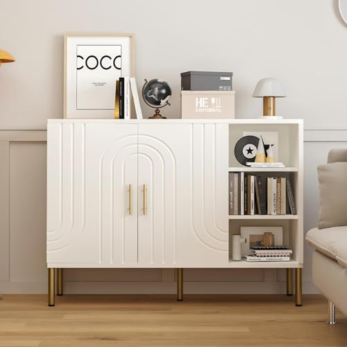 DAWNYIELD Sideboard with Curved Texture, Wooden Storage Cabinet with 2 Doors and 3 Tier Shelves, Kitchen Cupboard Storage, Buffet for Living Room Kitchen Hallway, Cream White, 110 X 35 X 82 cm