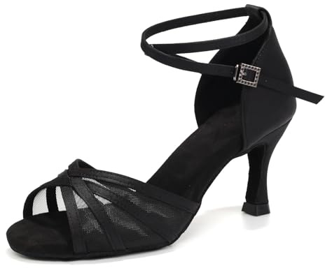 ZYXWVU Scarpe da Ballo Latino Donna Punta Aperta Raso Tacco 7.5 cm Salsa Tango Pratica,EM-960-nero-7.5cm,39 EU