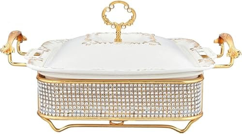 Catering Supplies,Ceramics Chafing Dish Buffet Set, Full Size and Buffet Warmer Set with Diamond Decoration, Suitable for Buffet Catering Kitchen Party(Gold B,1.8L)