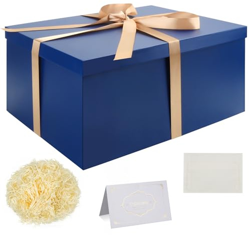 Set Scatola Regalo, Scatole Regalo Blu con Coperchi 38 x 28 x 19 cm Scatola Regalo Grande con Nastro Biglietti Auguri Carta Velina Tagliuzzata per Natale Compleanno Matrimonio