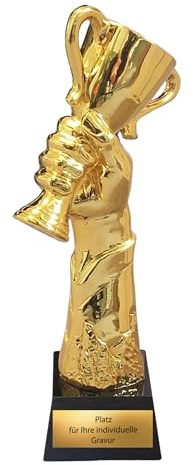 Champion Pokal 27,5 cm aus schwerem Resin - Siegerkelch auf Glassockel | Hochwertige Trophäe mit 1,1 kg Gewicht, inklusive individuellem Gravurschild und edler Geschenkbox für Vereine und Turniere