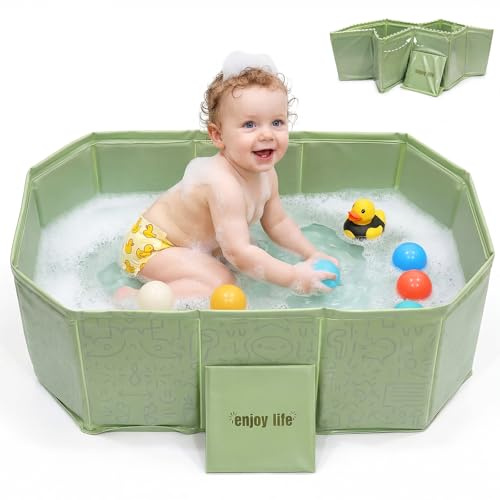 Vasca da bagno pieghevole per neonati e bambini, con tappo di scarico, 75 × 45 cm, design antiscivolo, in plastica senza BPA, colore: verde menta