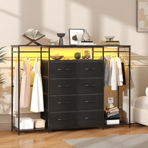 Feonase 8-Drawer Dresser for Bedroom with Hanging Rack, LED Lights, Fabric Drawers, Metal Frame & Wooden Top, Heavy Duty Cloth Rack Closet Wardrobe with Drawers 150cm W x110cm H, Black