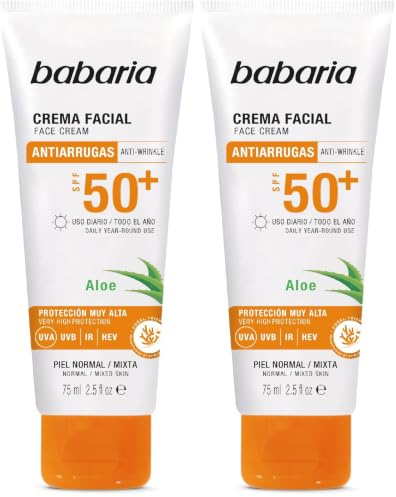 Babaria - Protector Solar Facial 50 Aloe | Protector Solar 50 | Crema Antiarrugas Mujer | Crema Hidratante Facial Mujer | Protección Muy Alta Con Aloe Vera (Paquete de 2)