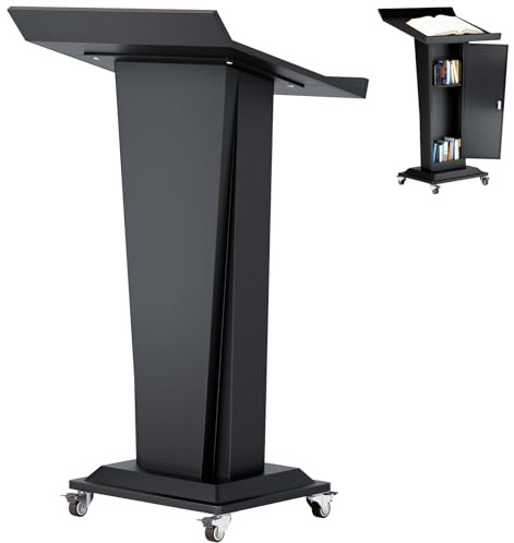 Metall Podium mit großem Aufbewahrungsschrank, Rednerpult mit 360°-Drehrollen, Kirche Kanzel mit Verdickt Breiter Leseplattform, Stabilität Podium Ständer for Kirche,Klassenzimmer(58x46.5x114cm)